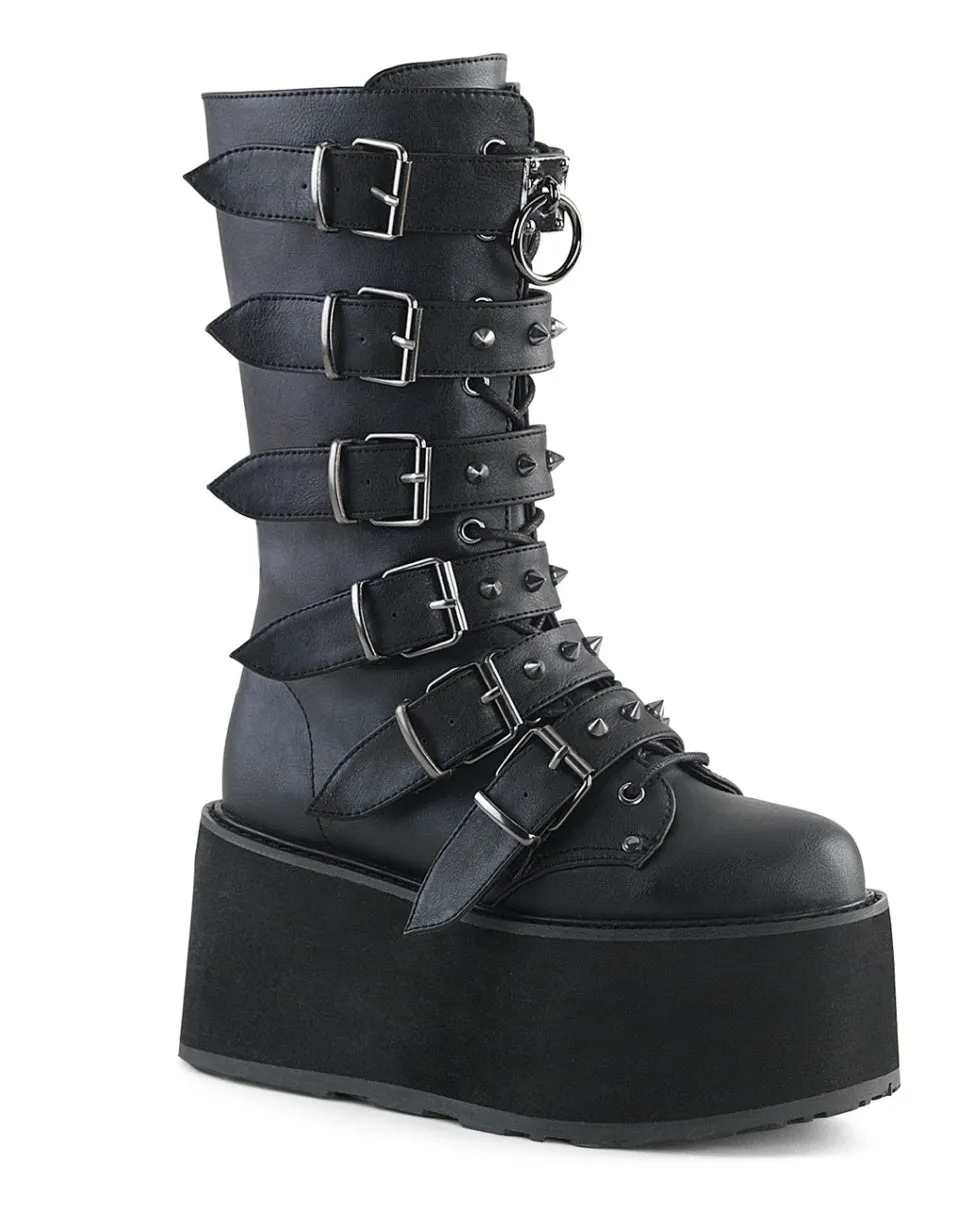 Demonia Matte Black Studded Mid-Calf Platform Boots