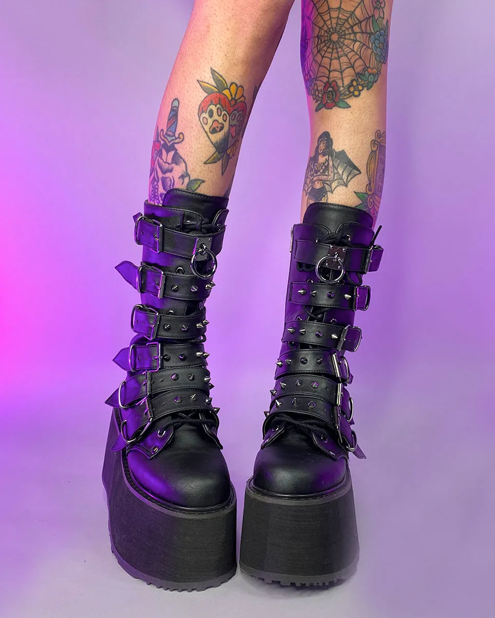 Demonia Matte Black Studded Mid-Calf Platform Boots