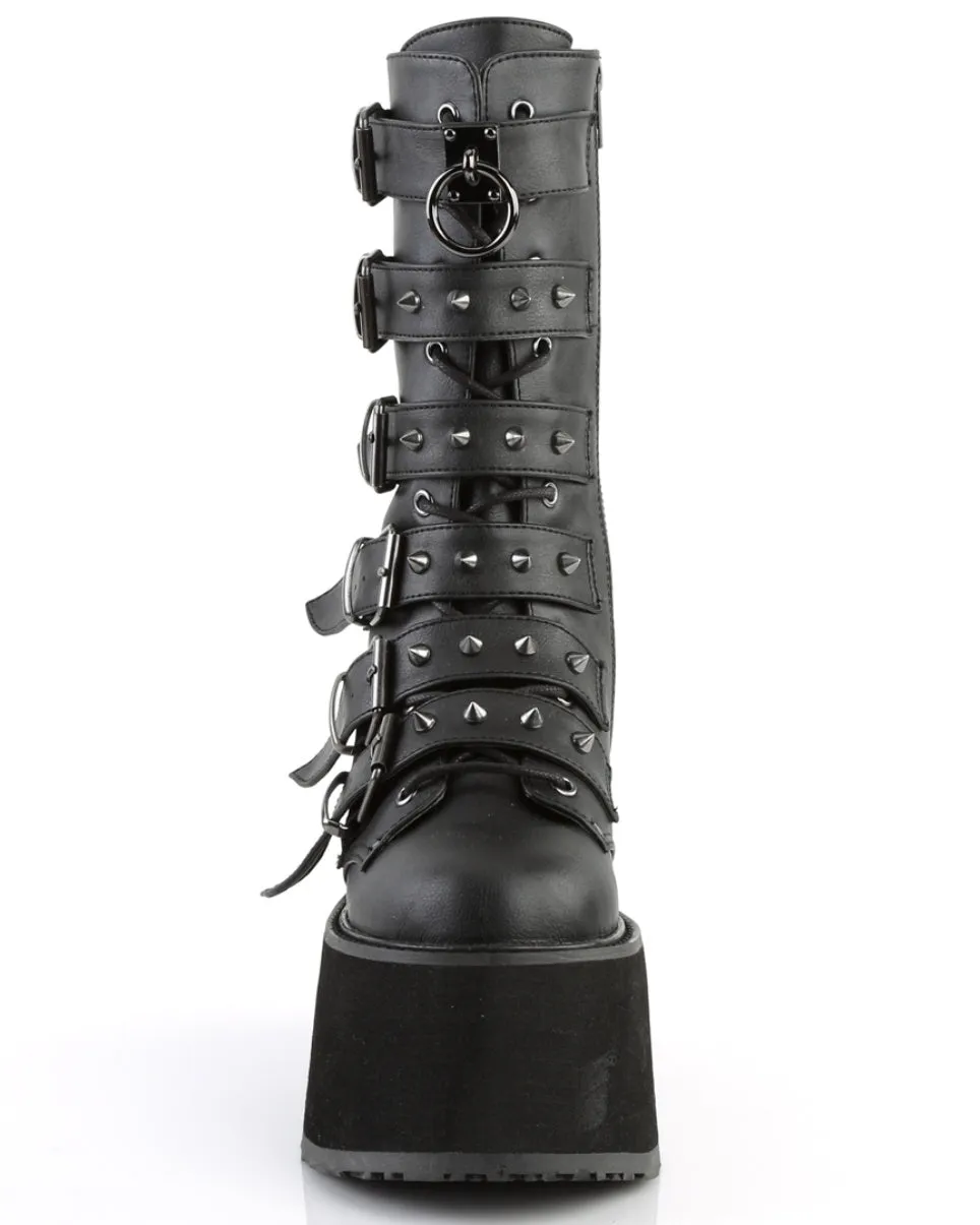 Demonia Matte Black Studded Mid-Calf Platform Boots