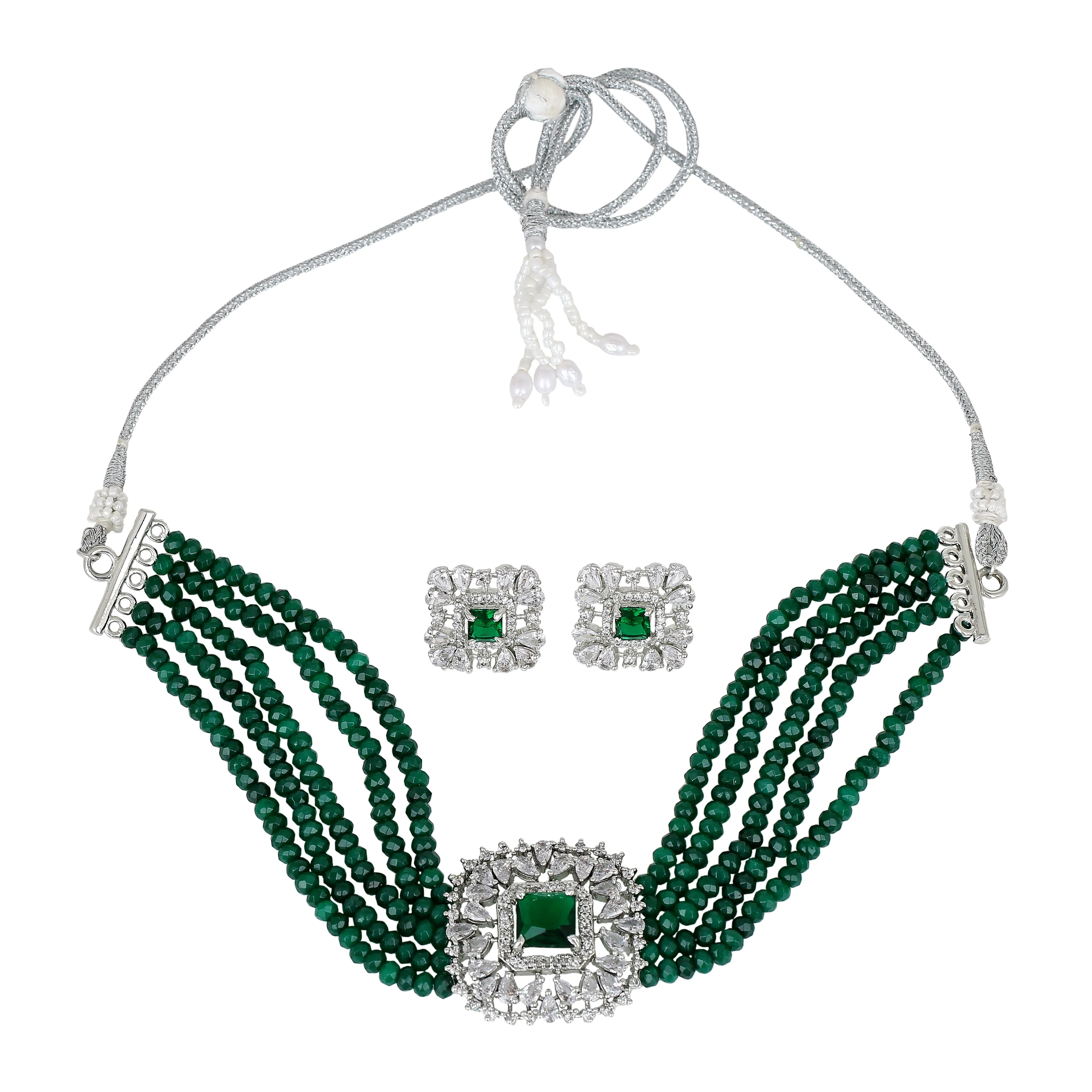 Estele - Emerald Diamond and Emerald Beads Choker Square Necklace Set (one piece)