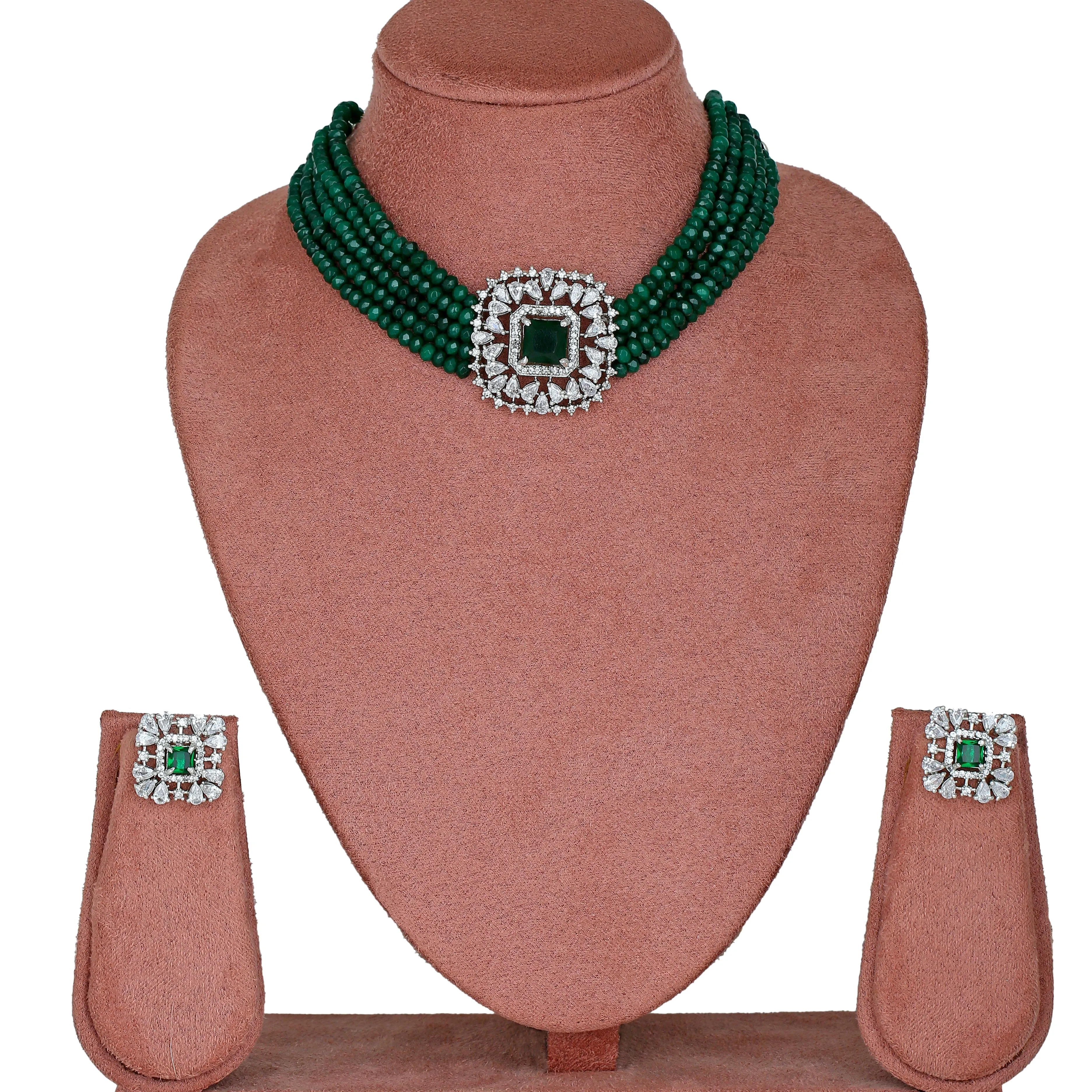 Estele - Emerald Diamond and Emerald Beads Choker Square Necklace Set (one piece)