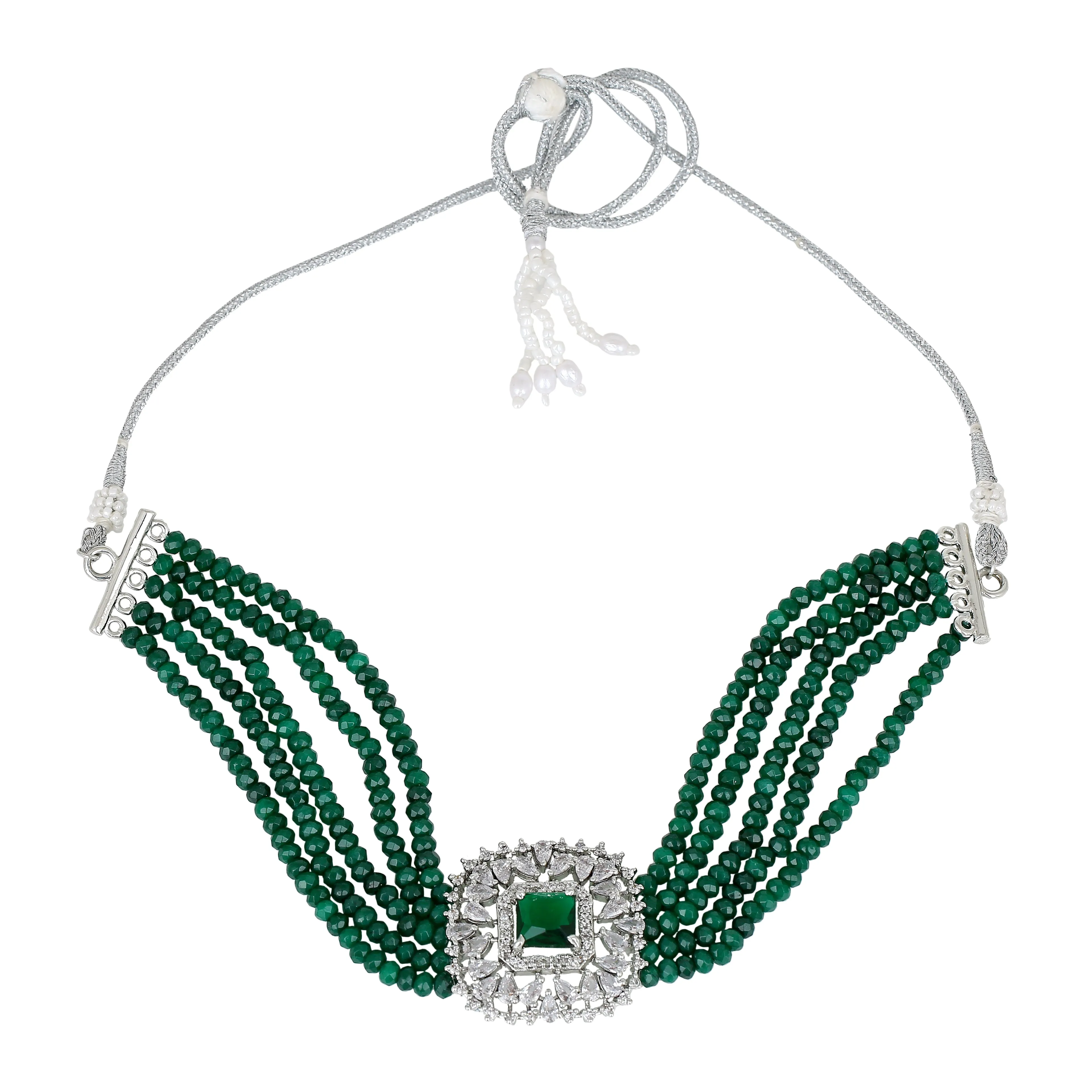 Estele - Emerald Diamond and Emerald Beads Choker Square Necklace Set (one piece)