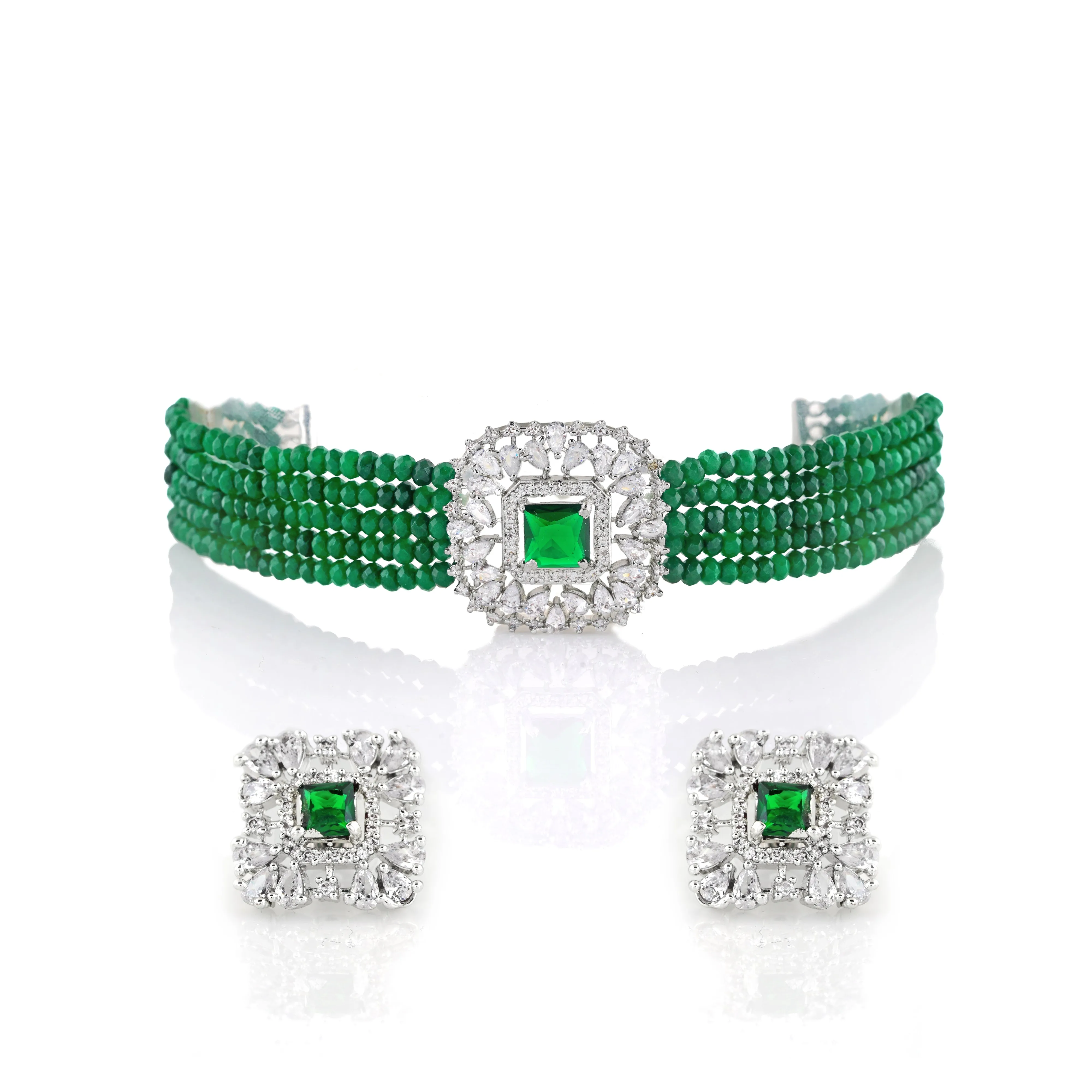 Estele - Emerald Diamond and Emerald Beads Choker Square Necklace Set (one piece)