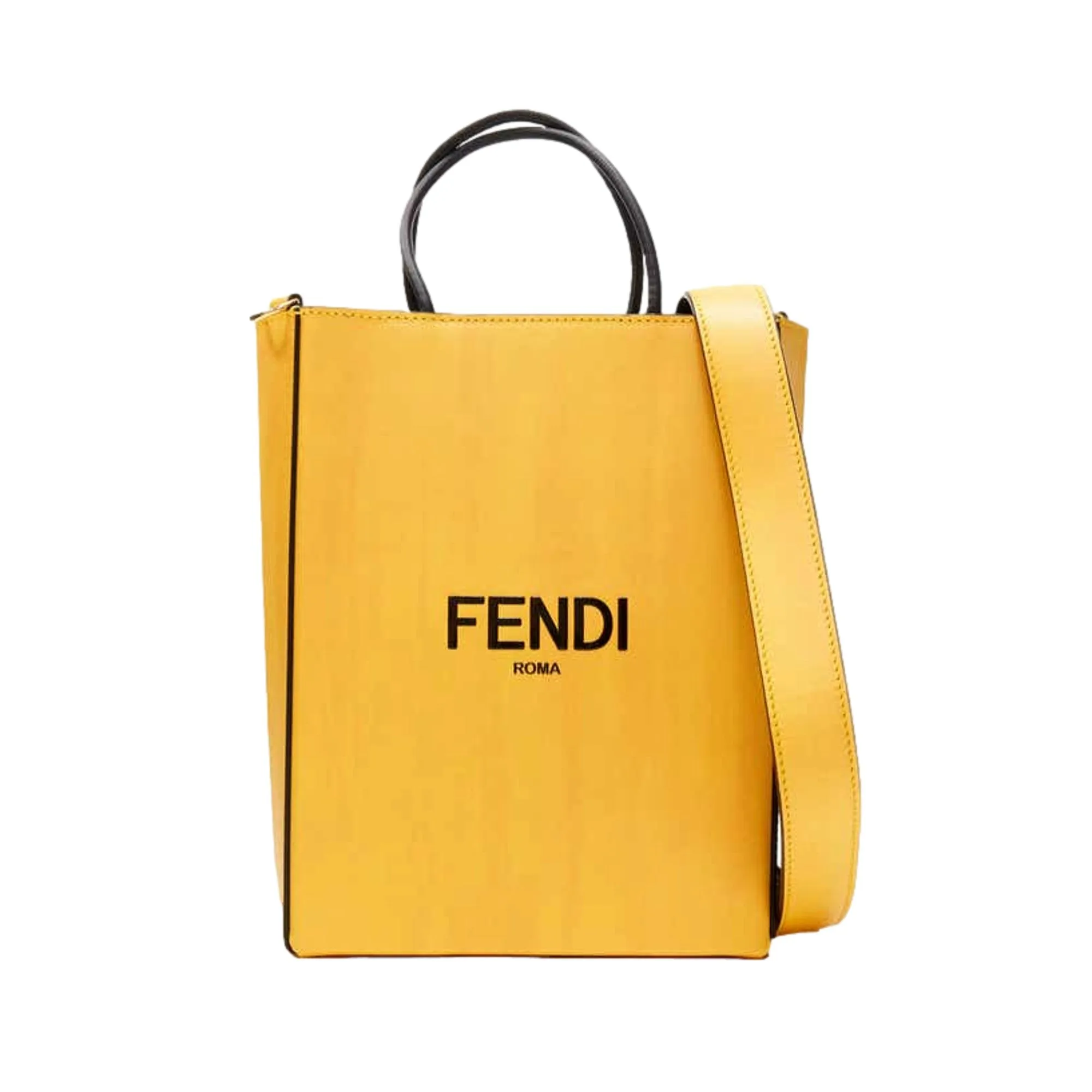 Fendi Roma 2Way Embossed Yellow Leather Crossbody Shopping Tote Bag