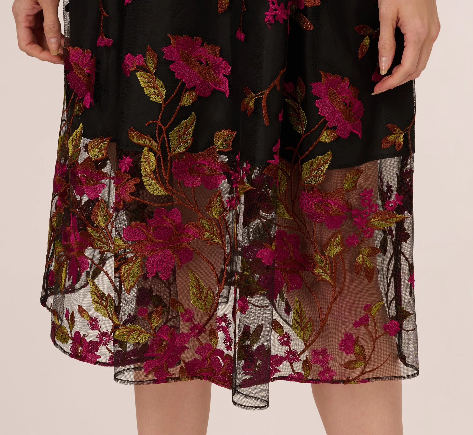 Floral Embroidered Midi Dress With Sheer Hem In Pink Black