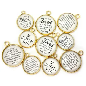 For God So Loved the World! Set of John 3:16 Scripture Charms for Jewelry Making – 16 & 20mm, Silver, Gold – Bulk Christian Jewelry Charms