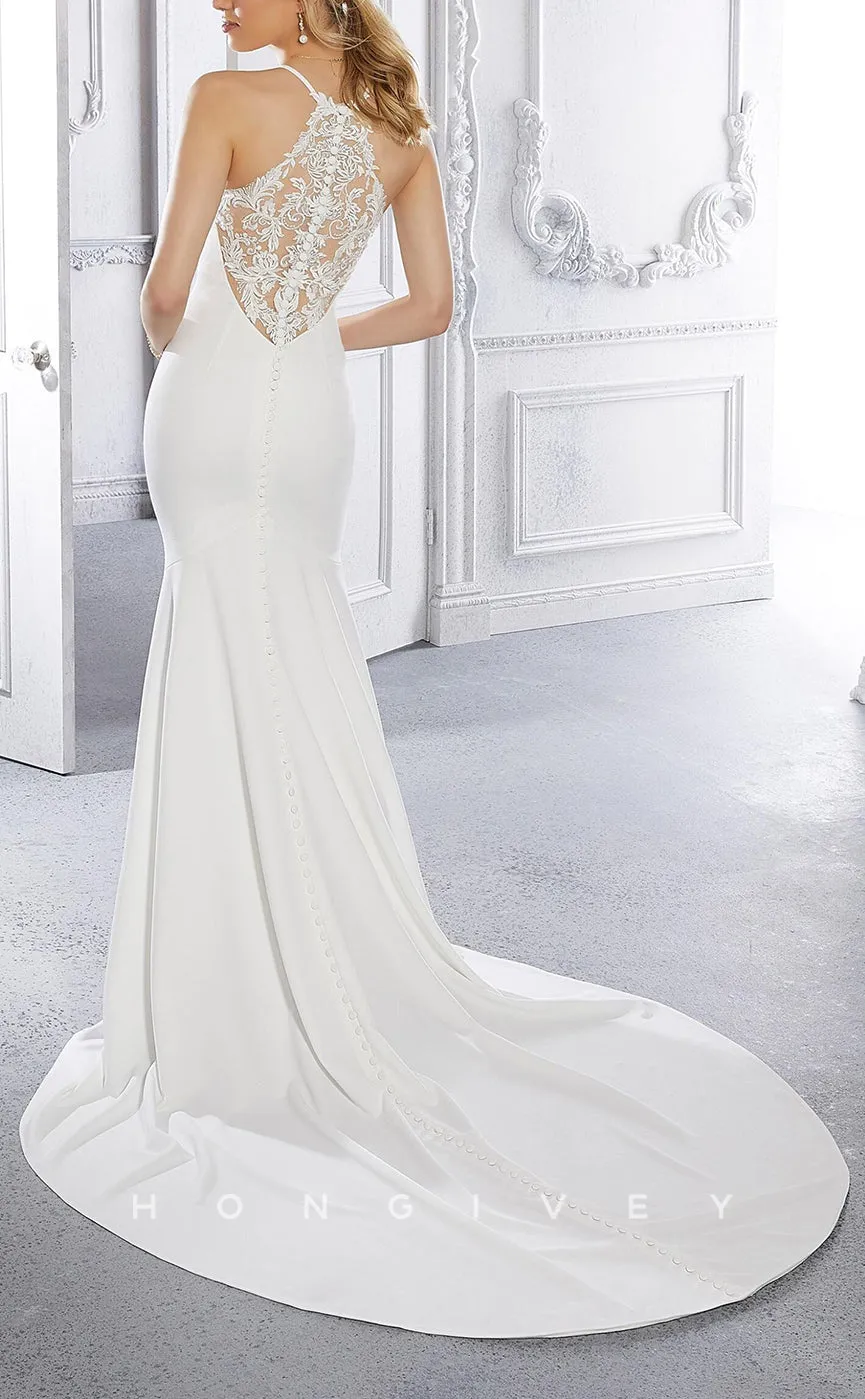 H1036 - Classic Satin V-Neck Lace Appliques Back With Sweep Train Beach Wedding Dress