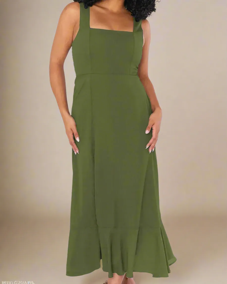 Jasmine Long Dress with Square Neckline and Tie Straps