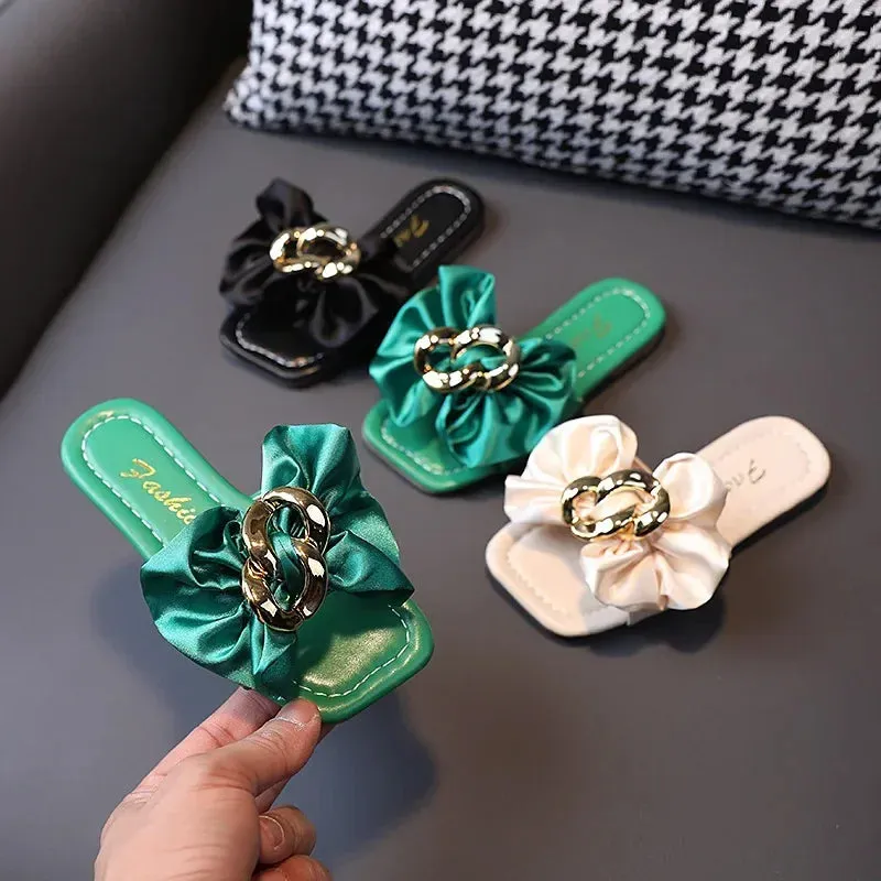 Kid's PVC Square Toe Slip-On Closure Bowknot Pattern Slippers