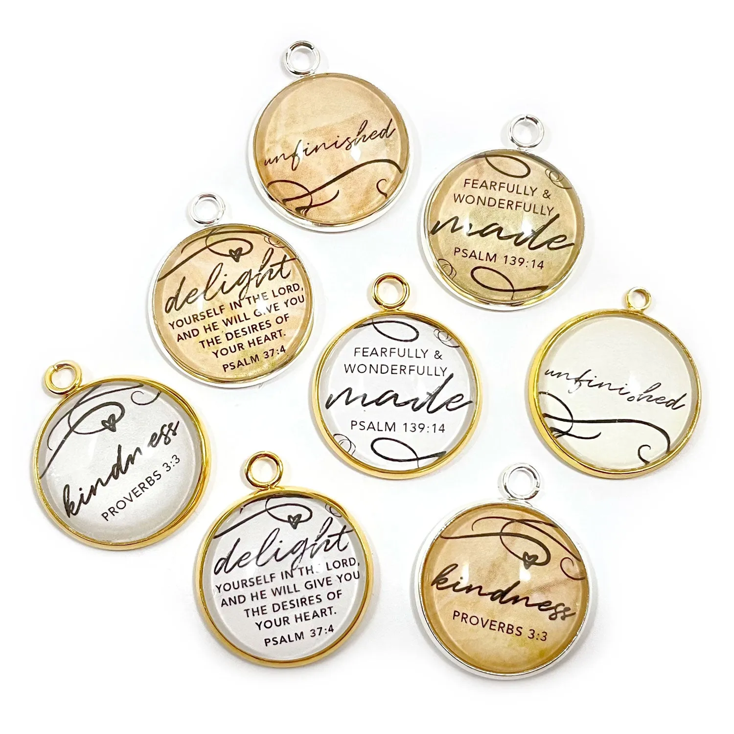 Kindness, Delight, Unfinished, Fearfully & Wonderfully Made – Bulk Christian Scripture Charms for Jewelry Making – 20mm, Silver, Gold