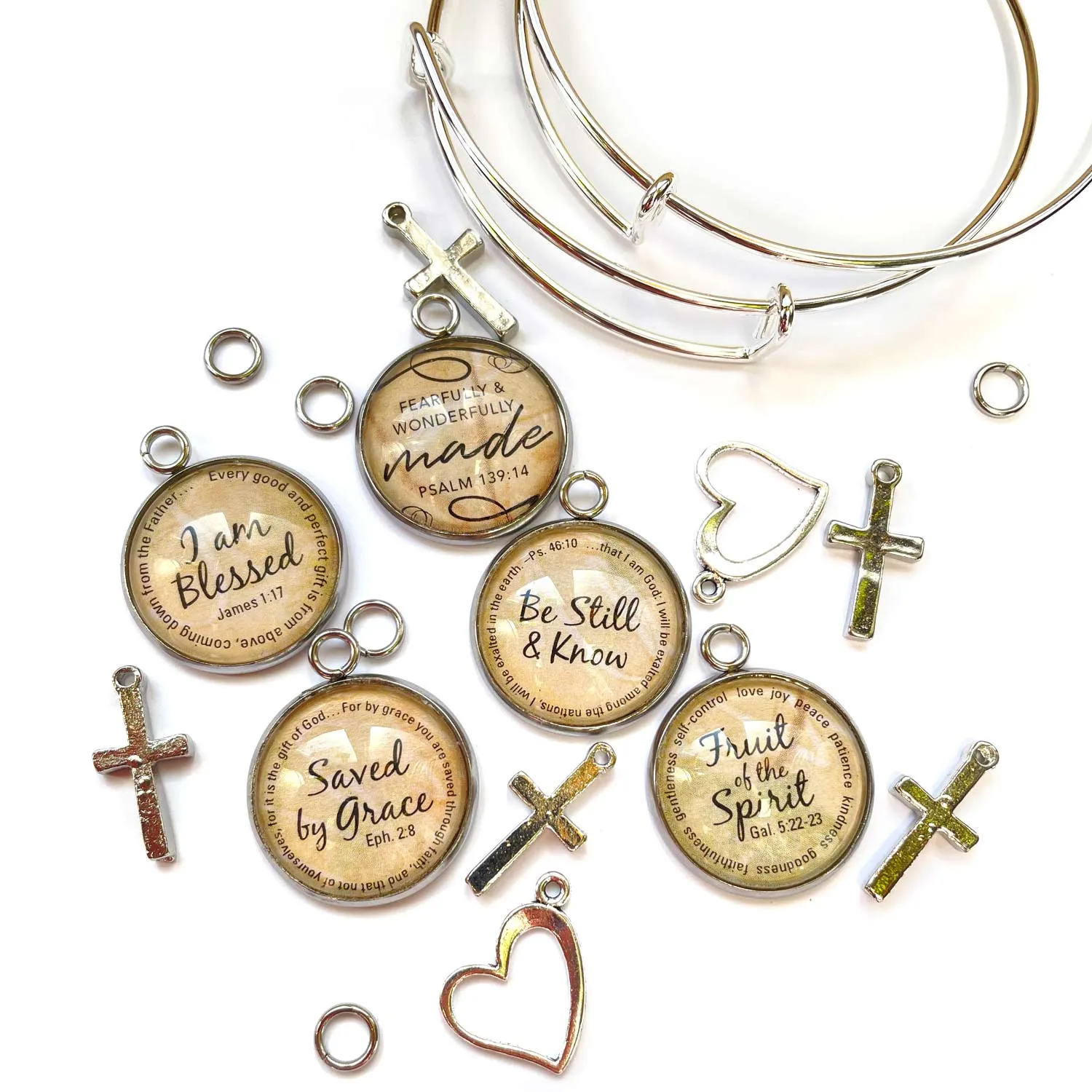 Kindness, Delight, Unfinished, Fearfully & Wonderfully Made – Bulk Christian Scripture Charms for Jewelry Making – 20mm, Silver, Gold