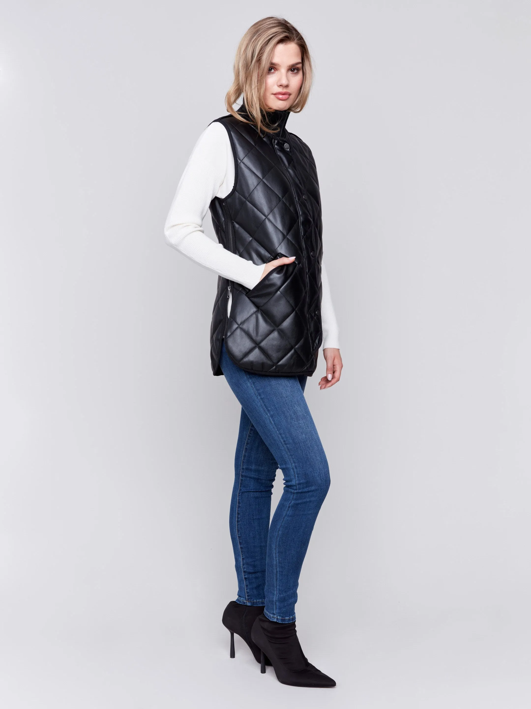 Long Quilted Faux Leather Vest - Black