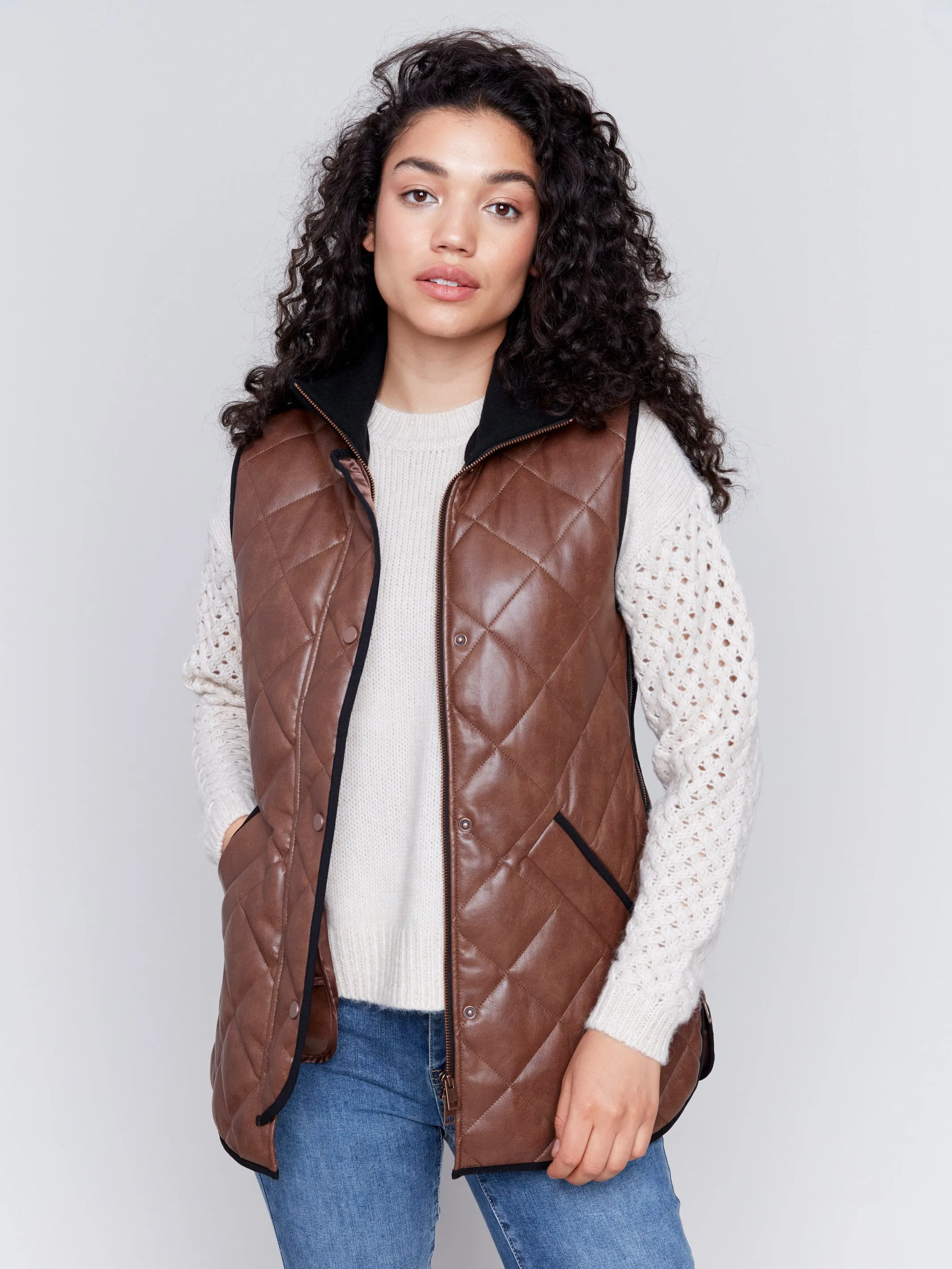 Long Quilted Faux Leather Vest - Brandy