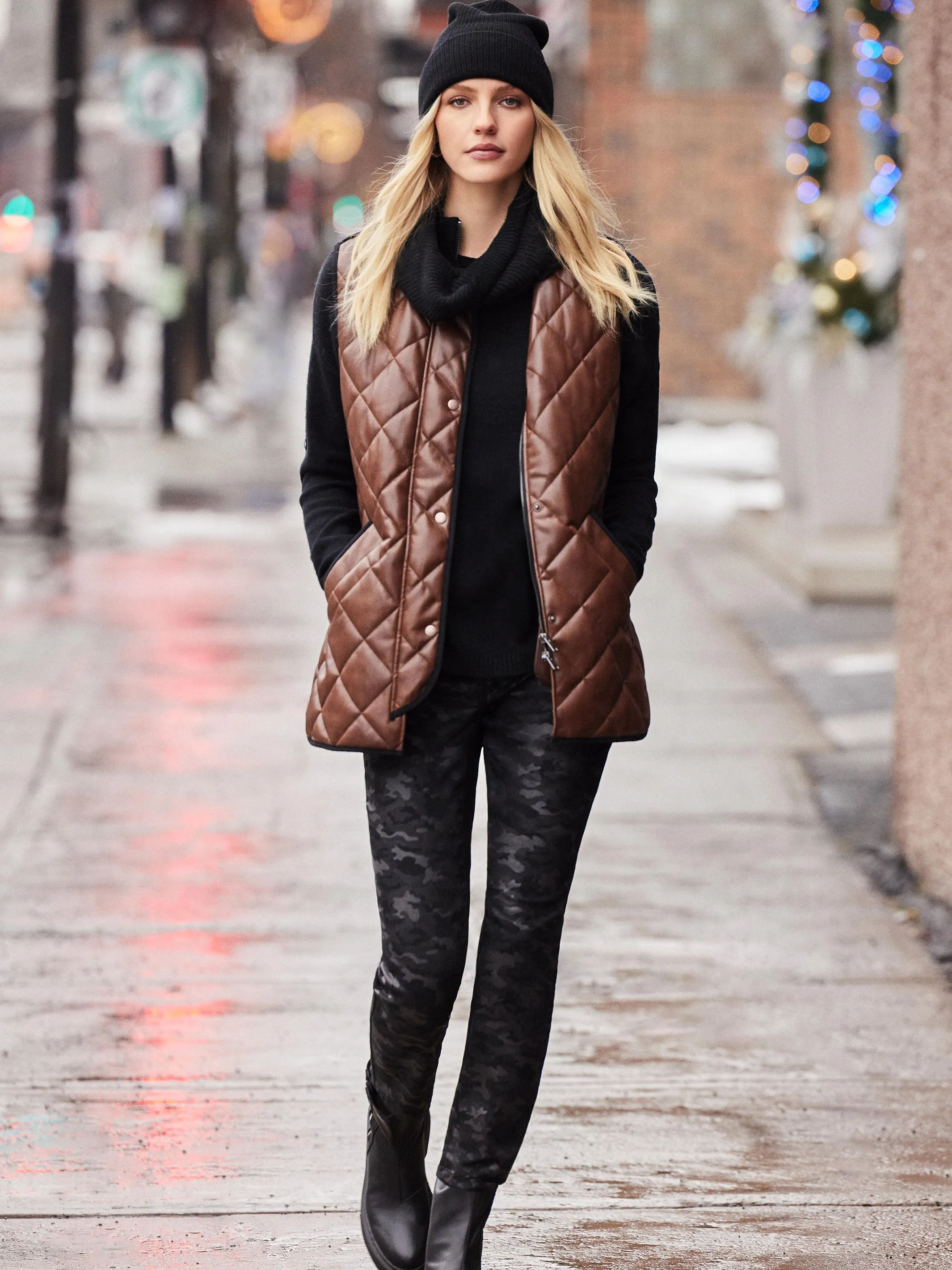 Long Quilted Faux Leather Vest - Brandy