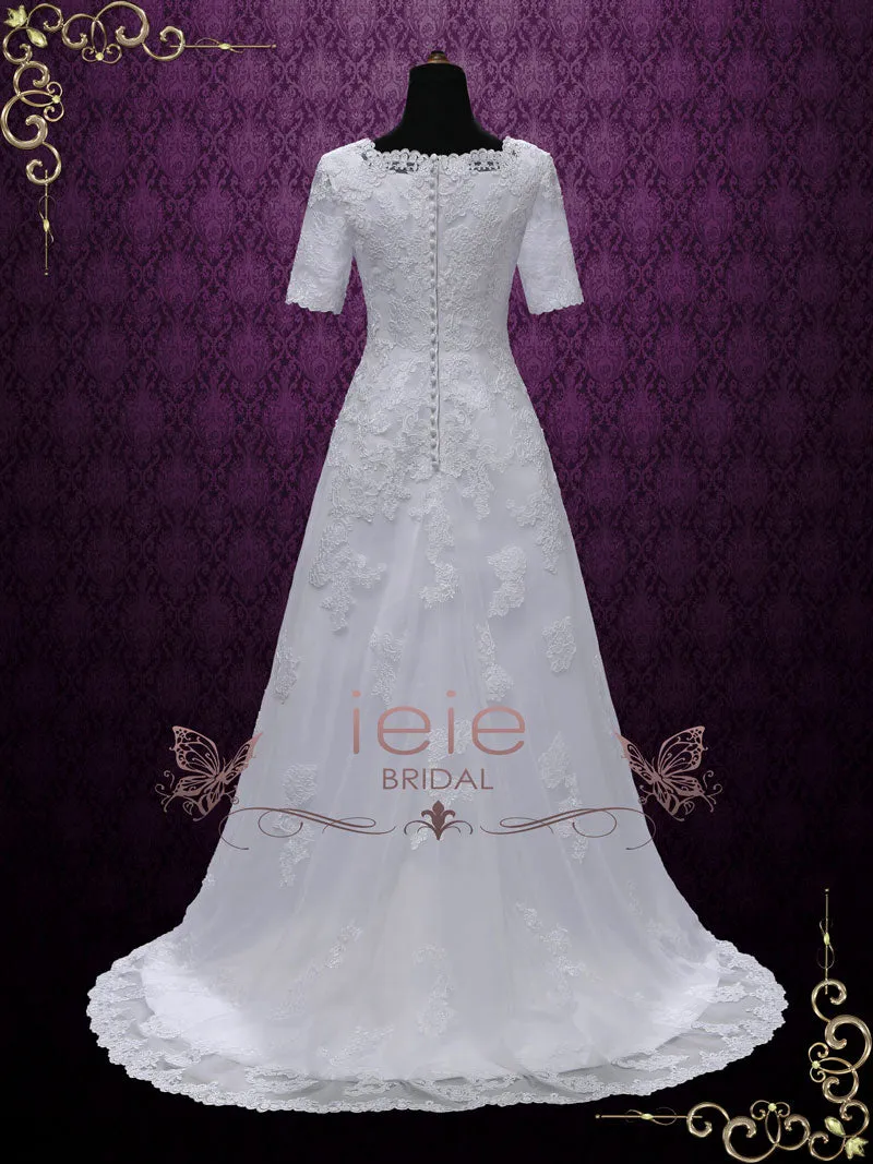 Modest Lace Wedding Dress with Short Sleeves BRISEIDA