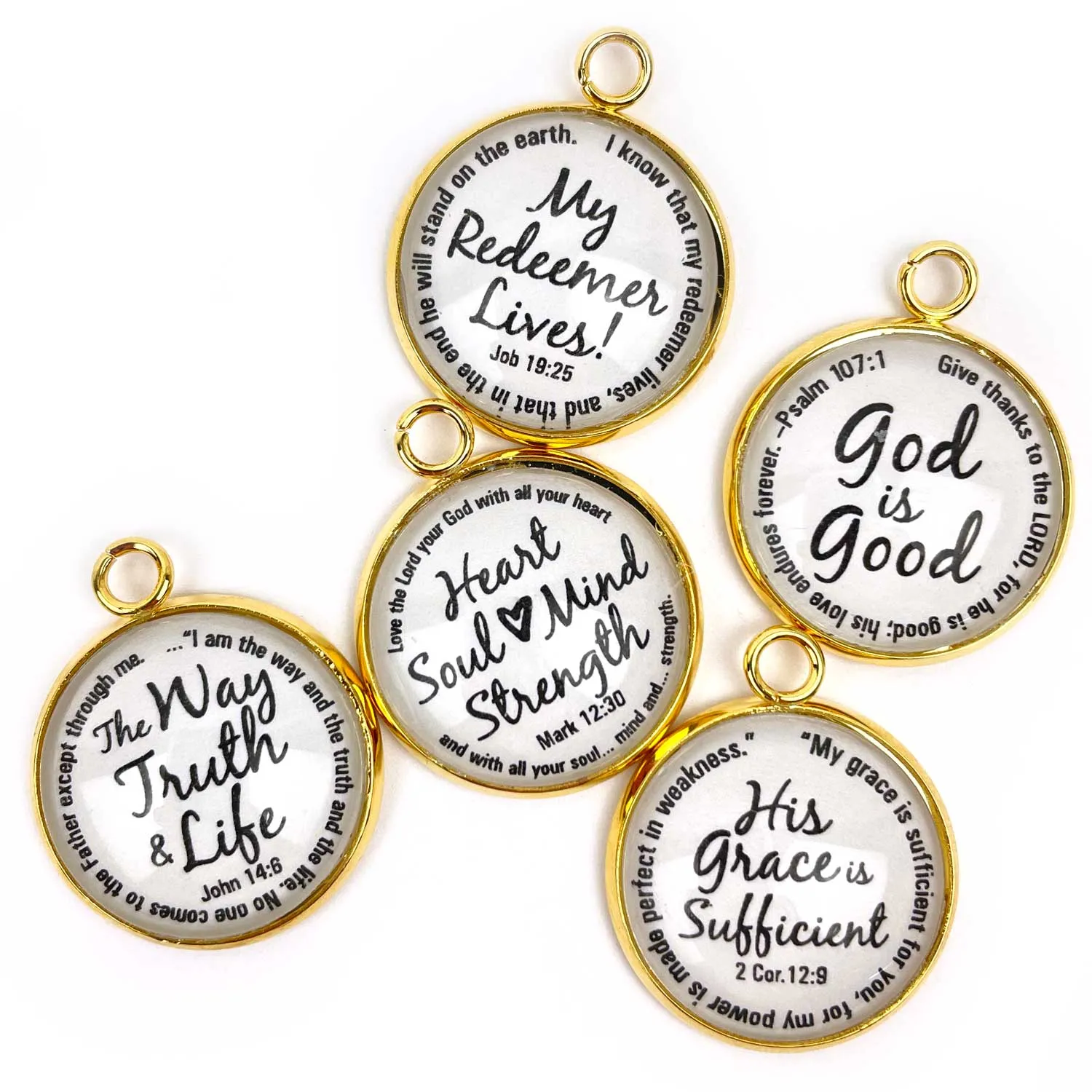 My Redeemer Lives, Heart Soul Mind Strength, God is Good, The Way Truth & Life, His Grace is Sufficient – Scripture Charm Set for Jewelry Making, 20mm, Silver, Gold