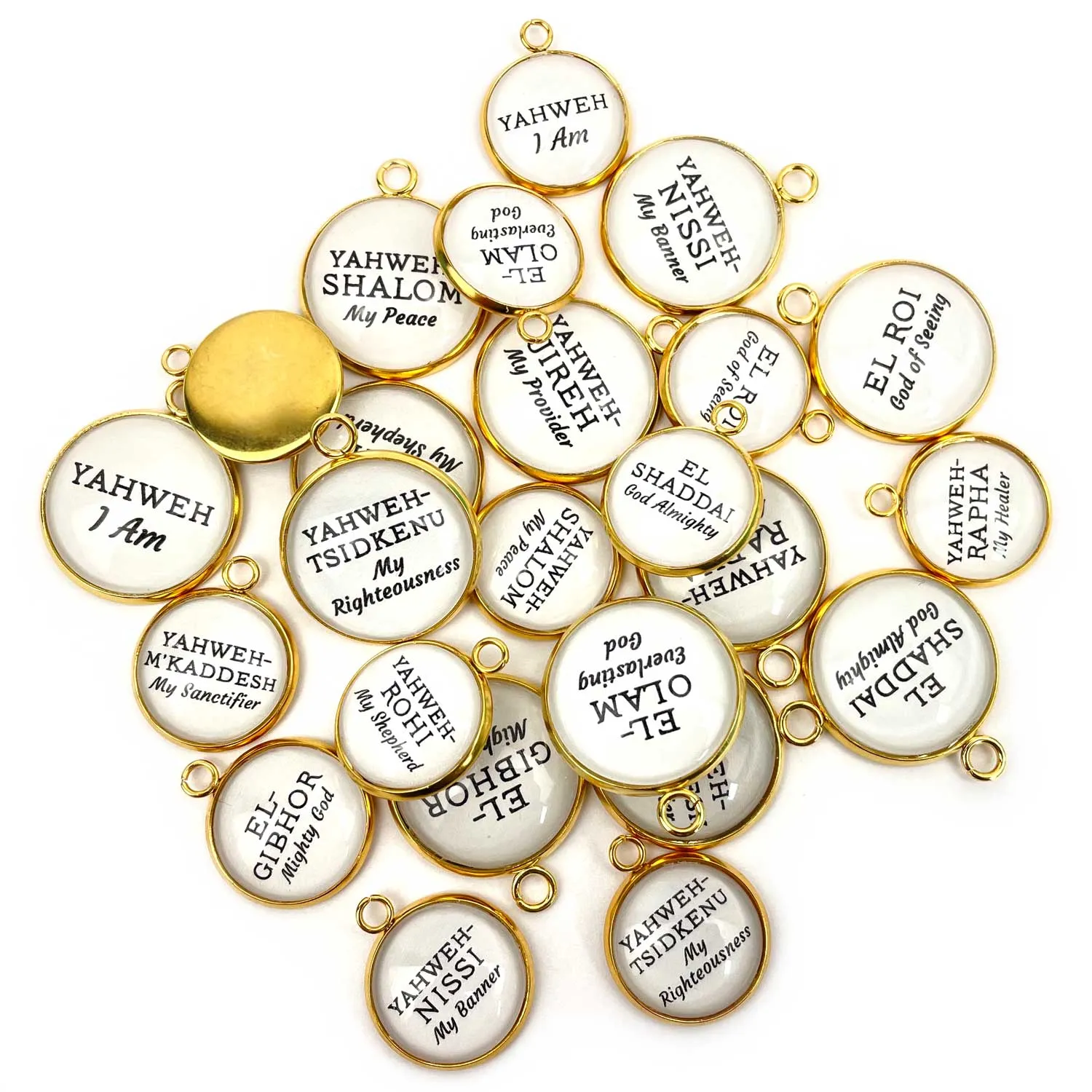 Names of God Scripture Charms Set for Jewelry Making – 16 or 20mm, Silver, Gold – Bulk Bracelet Charms