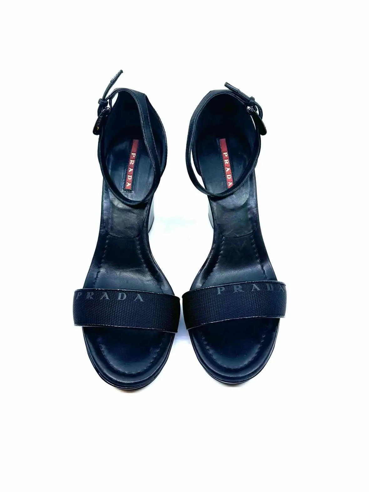 PRADA Size 8.5 Black Canvas Patent Leather Solid Wedge