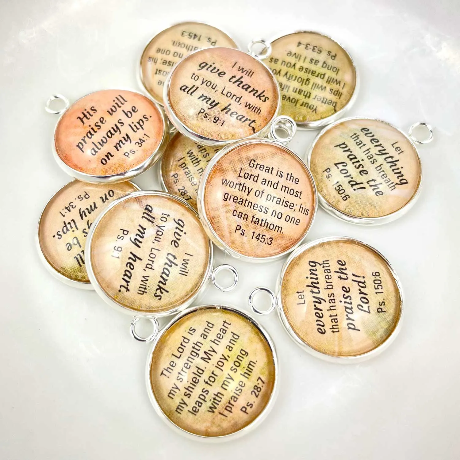 Praise the Lord! Set of 6 Psalms Scripture Charms for Jewelry Making – 16 or 20mm, Silver, Gold – Bulk Christian Jewelry Charms