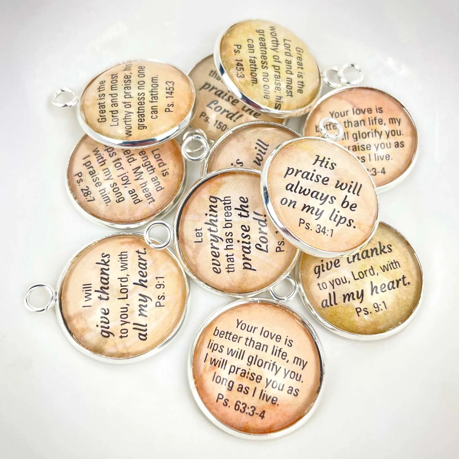 Praise the Lord! Set of 6 Psalms Scripture Charms for Jewelry Making – 16 or 20mm, Silver, Gold – Bulk Christian Jewelry Charms