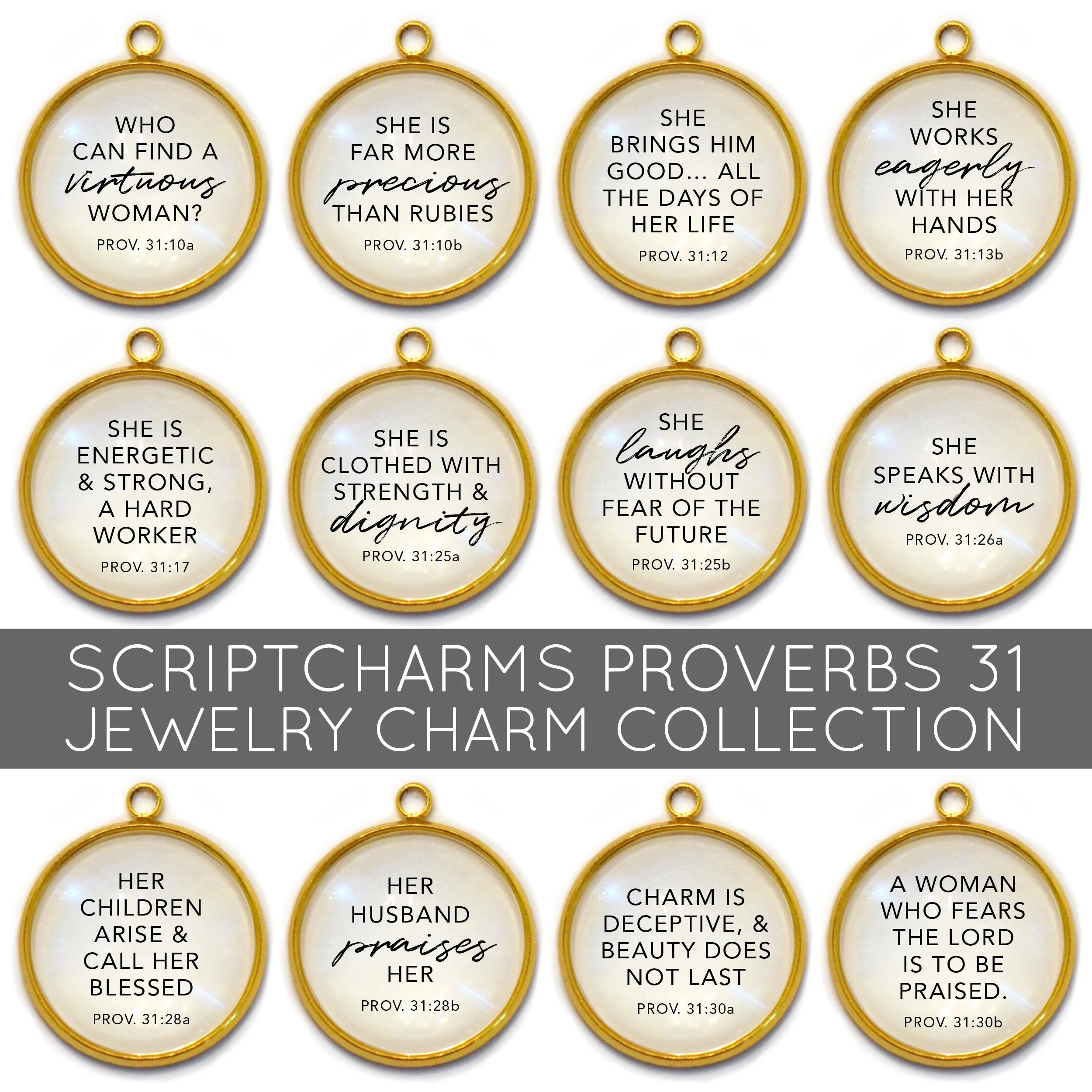 Proverbs 31 Woman - Set of 12 Scripture Charms for Jewelry Making, 16 or 20mm, Gold