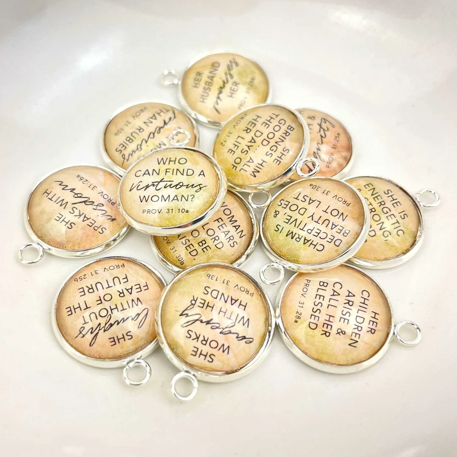 Proverbs 31 Woman - Set of 12 Scripture Charms for Jewelry Making, 16 or 20mm, Gold