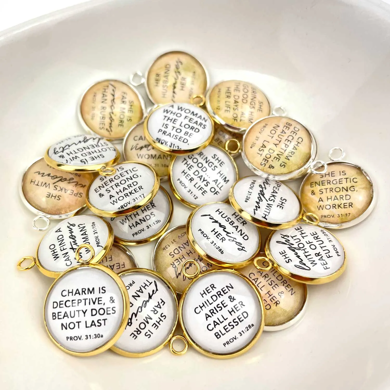 Proverbs 31 Woman - Set of 12 Scripture Charms for Jewelry Making, 16 or 20mm, Silver