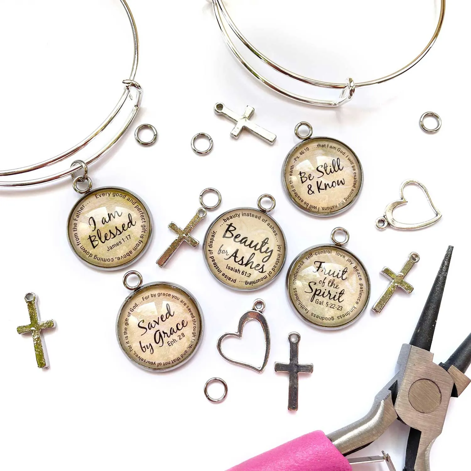 "Beauty for Ashes" Isaiah 61:3 Scripture Charms for Jewelry Making, 20mm, Silver, Gold