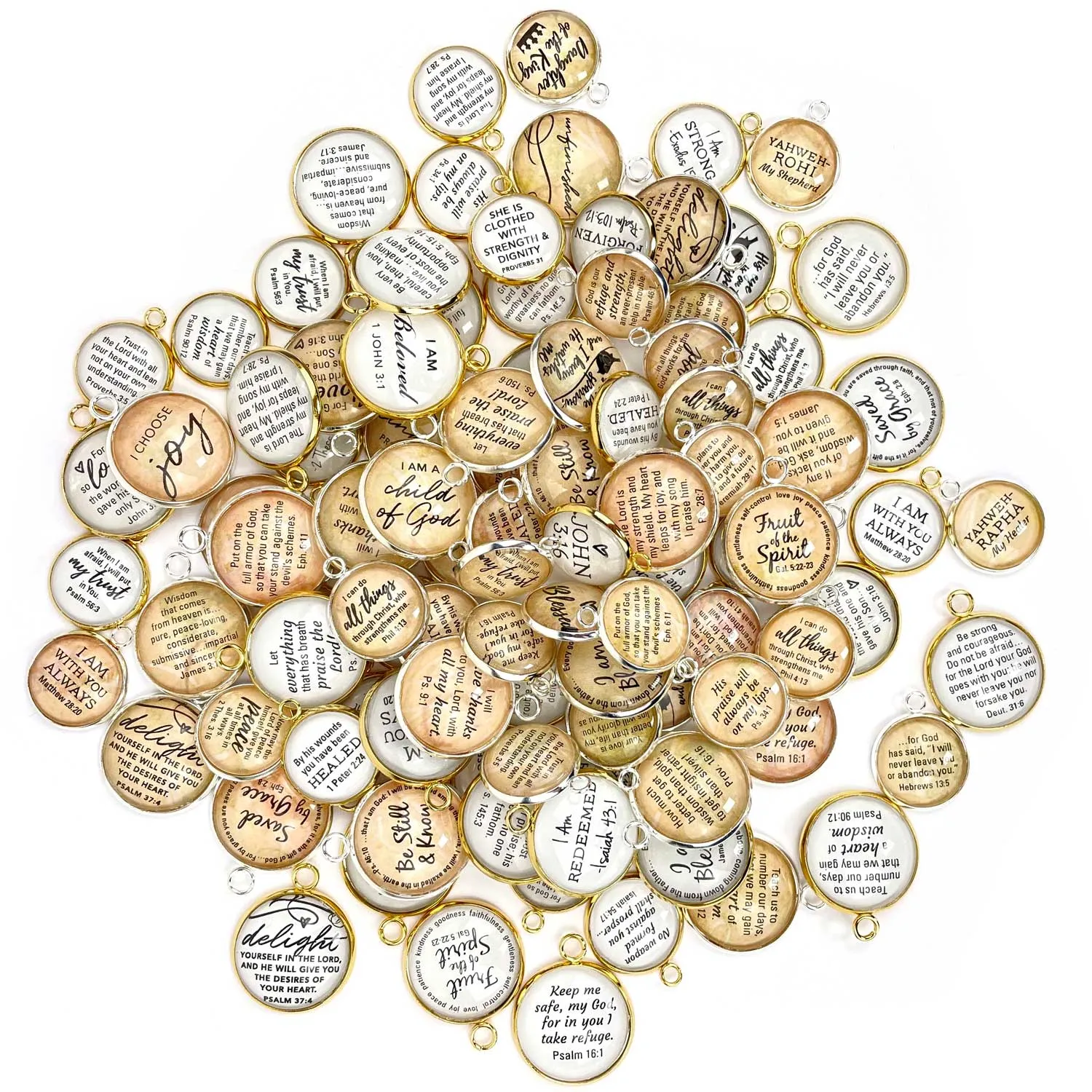 "Beauty for Ashes" Isaiah 61:3 Scripture Charms for Jewelry Making, 20mm, Silver, Gold