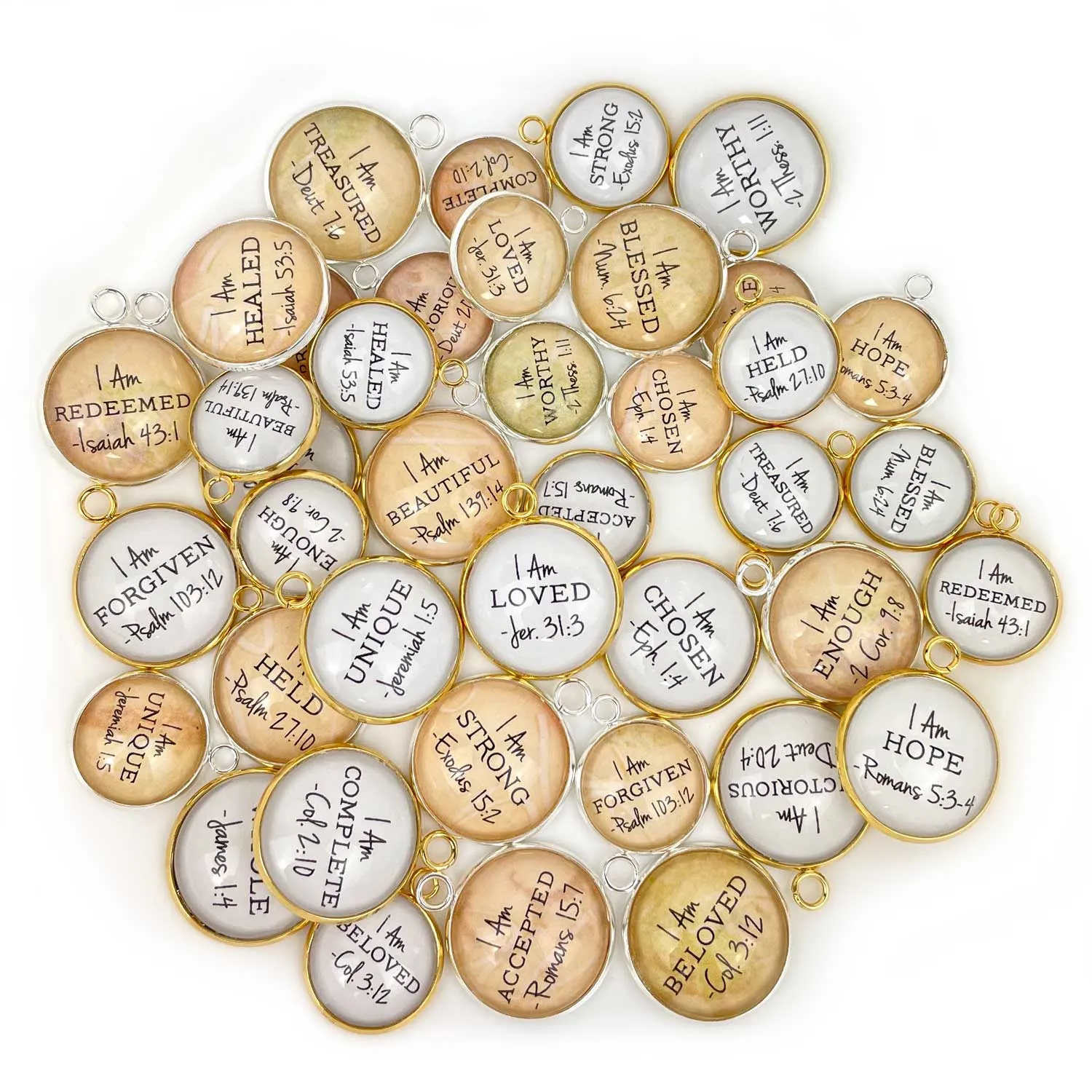 "I AM" Christian Affirmations Charms – Set of 20 Glass Scripture Jewelry Making Charms – Bulk Designer Christian Religious Charms