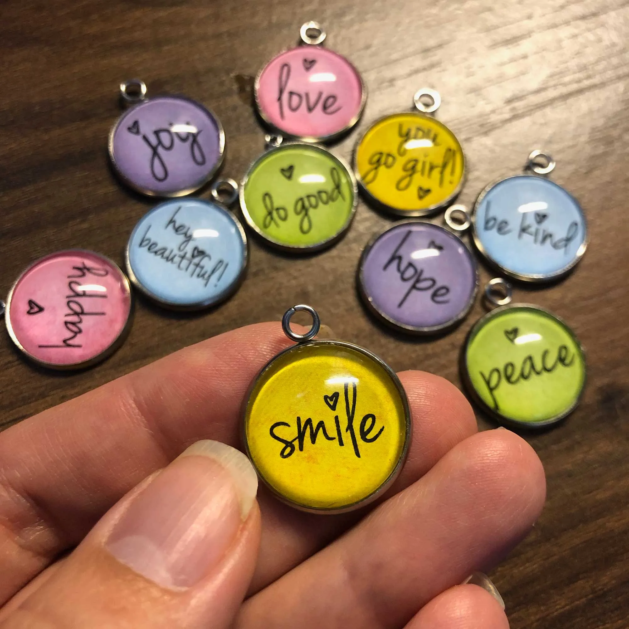 "Positivity   Heart" Set of 10 COLORFUL Encouraging Charms for Jewelry Making, 20mm, Gold or Silver