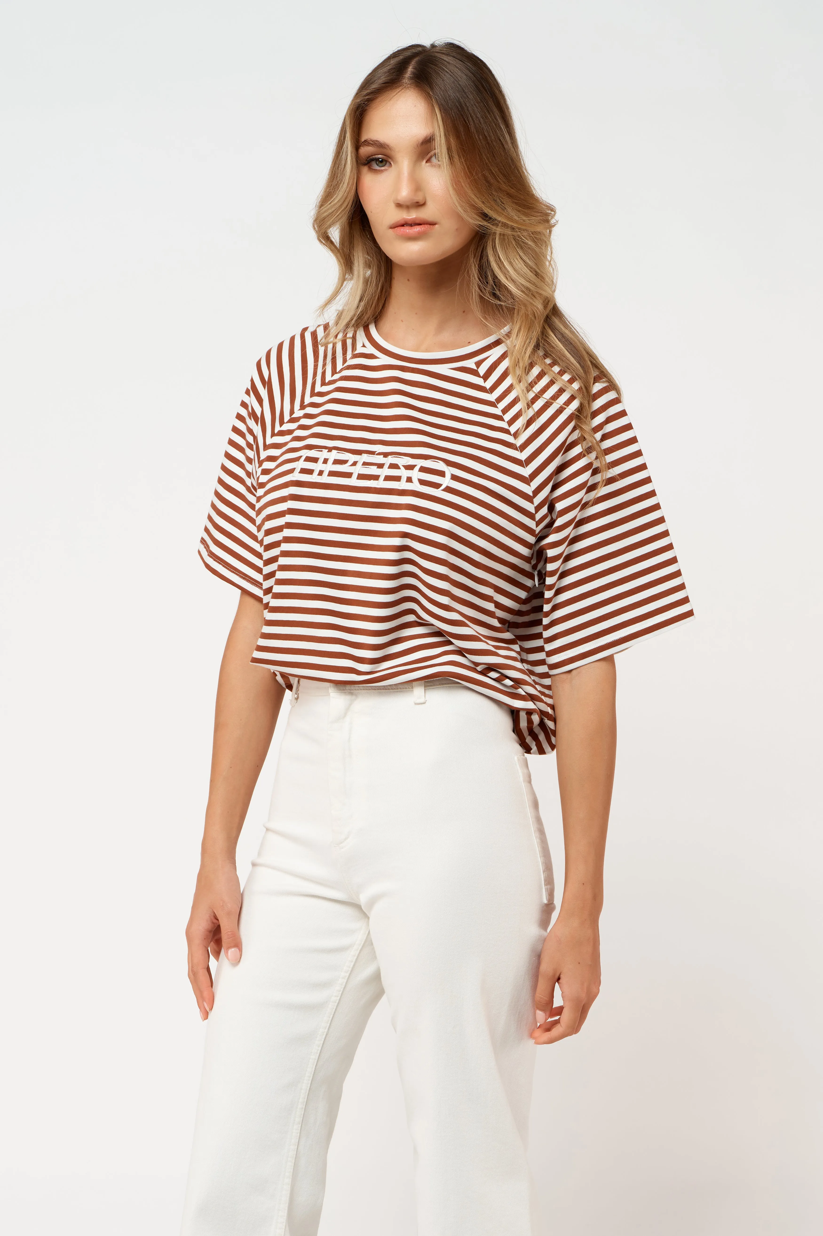 Savannah Embroidered Box-Cut Tee - Brown / White