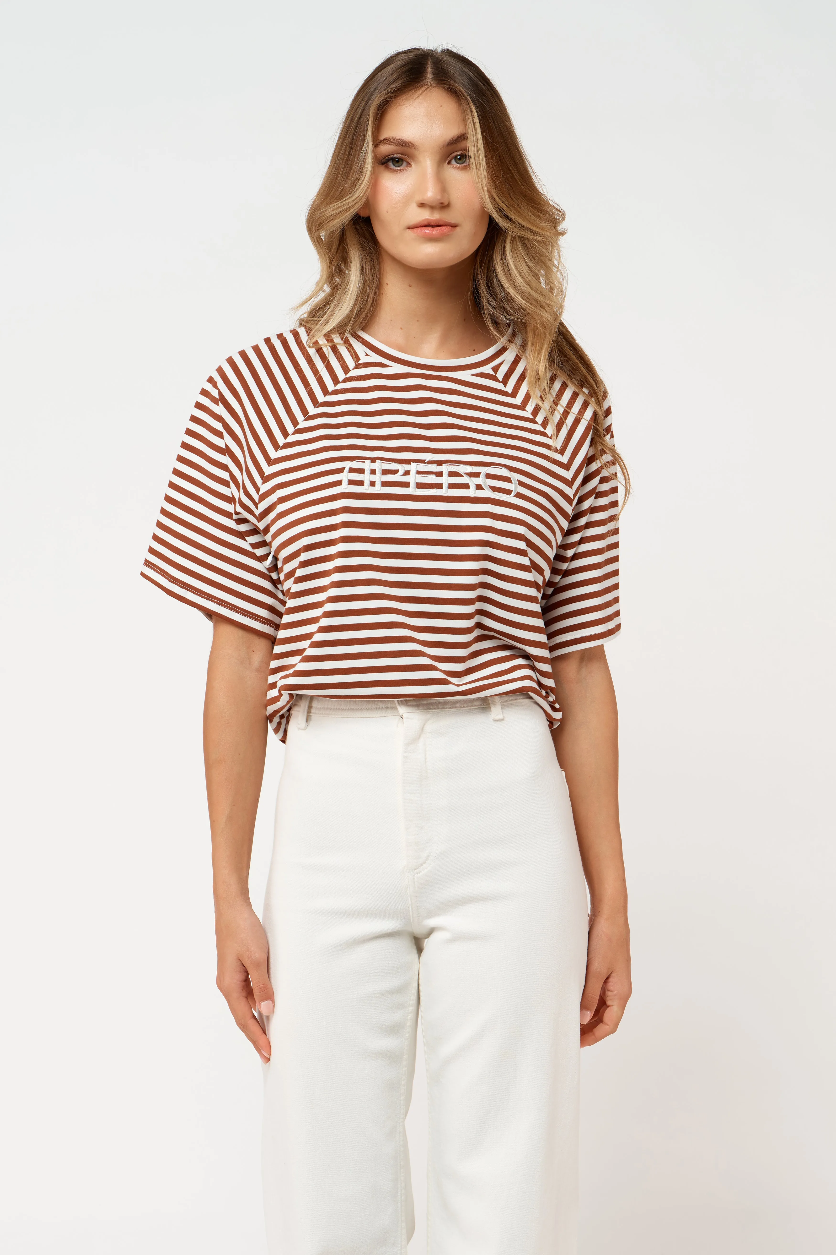 Savannah Embroidered Box-Cut Tee - Brown / White