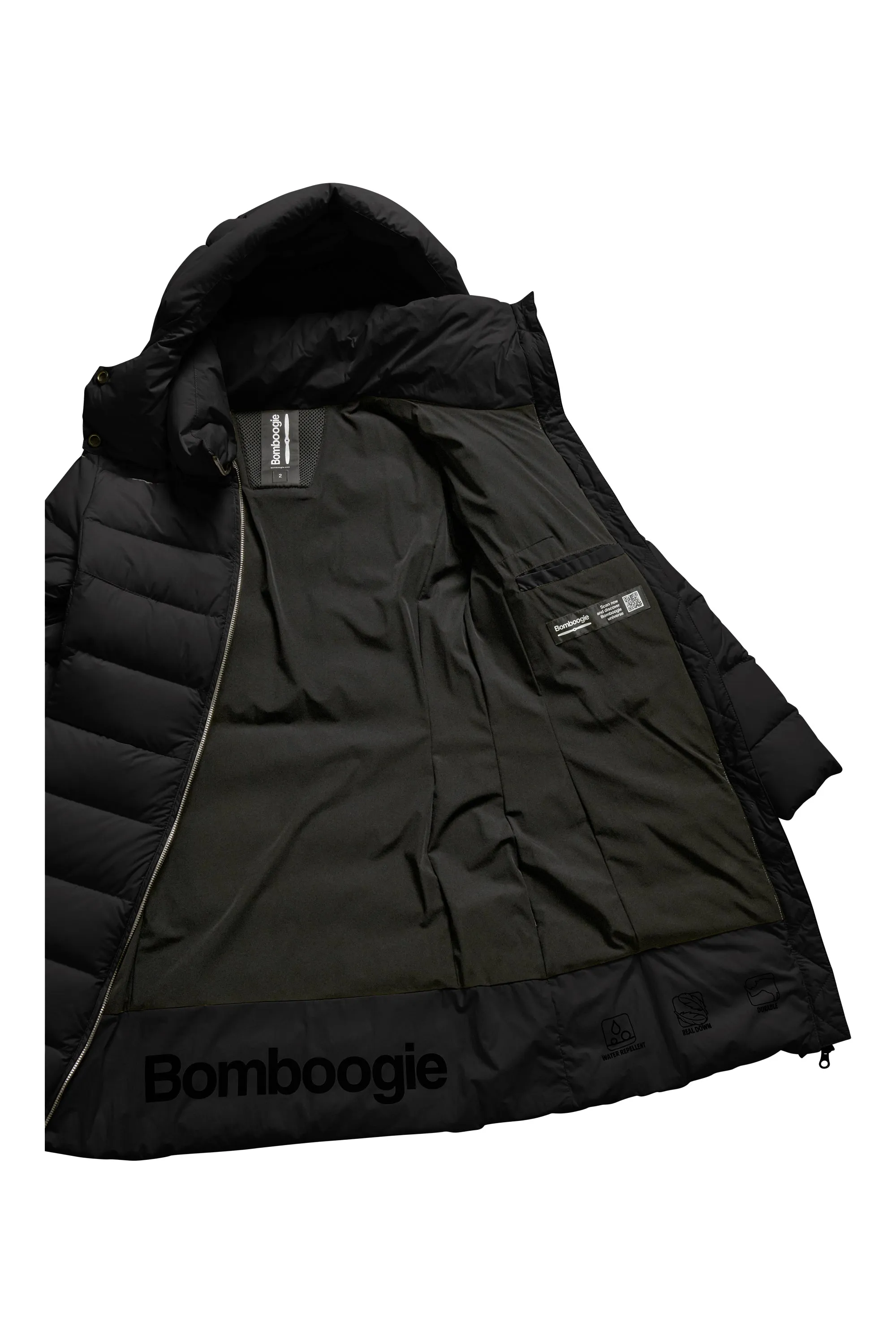 Stretch nylon down jacket with detachable hood