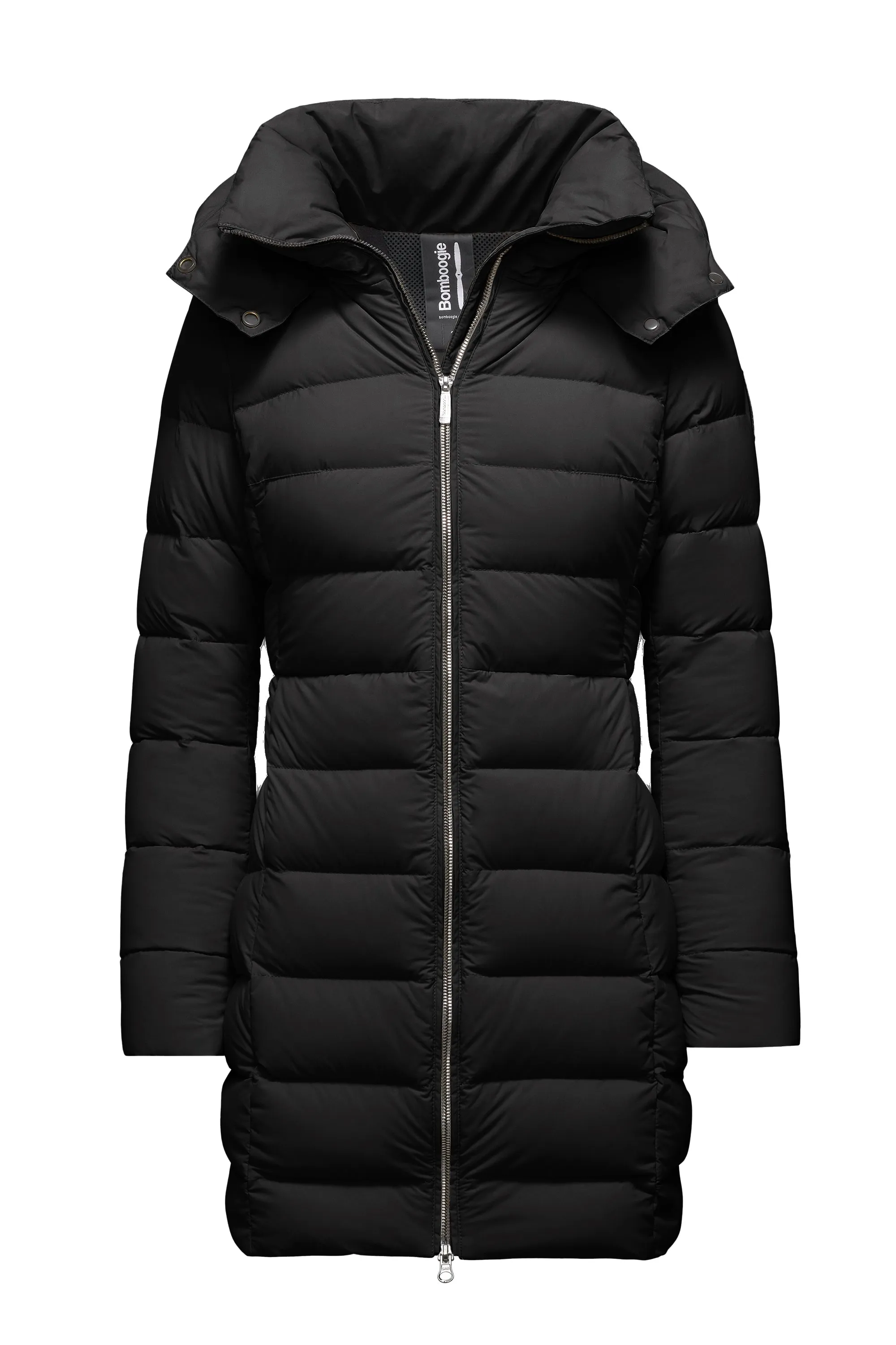 Stretch nylon down jacket with detachable hood