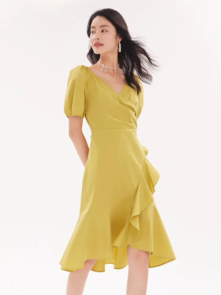 V-Neck Ruffled Cotton Midi Dress