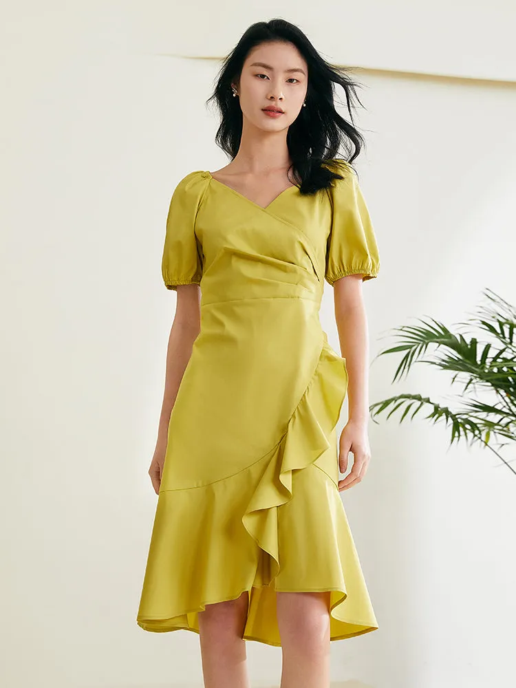 V-Neck Ruffled Cotton Midi Dress