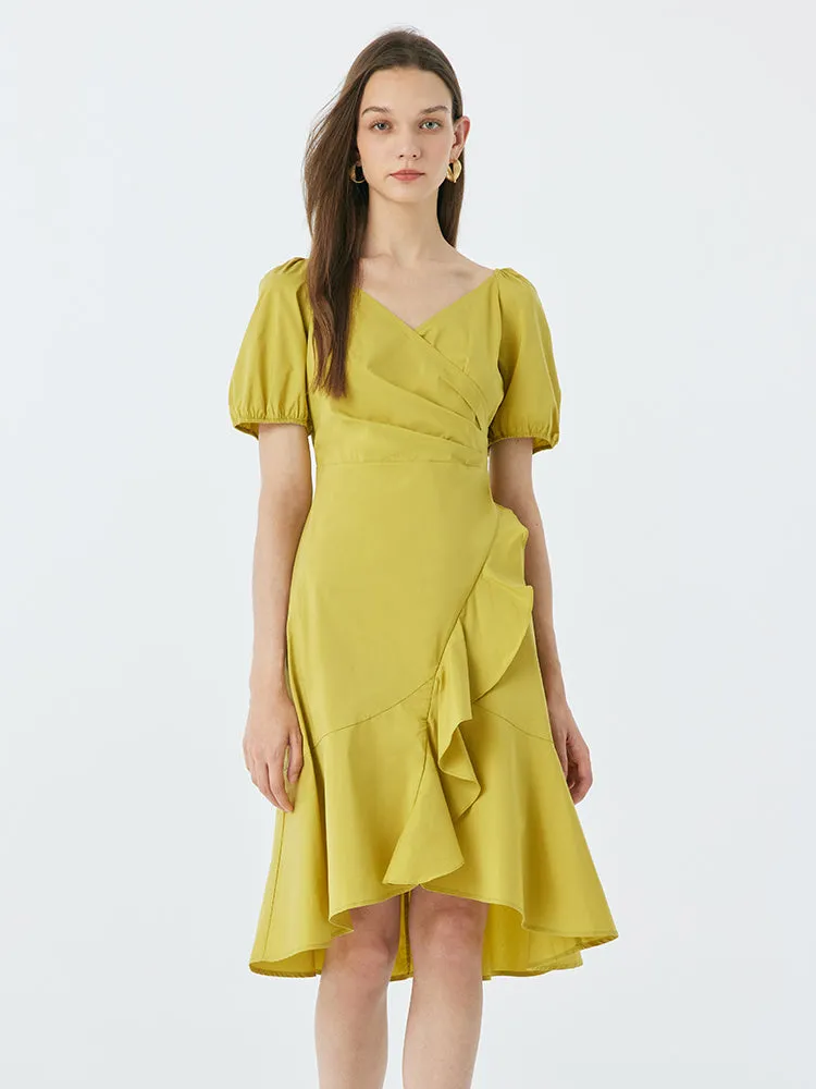 V-Neck Ruffled Cotton Midi Dress