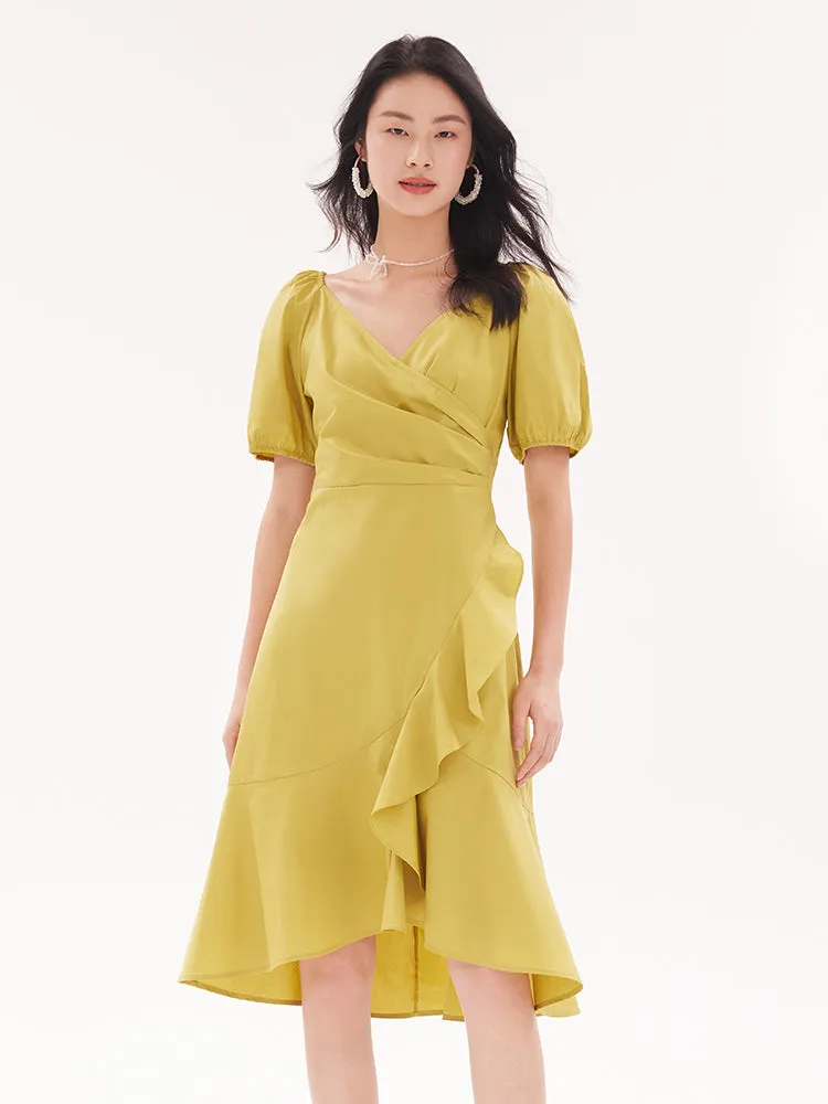 V-Neck Ruffled Cotton Midi Dress