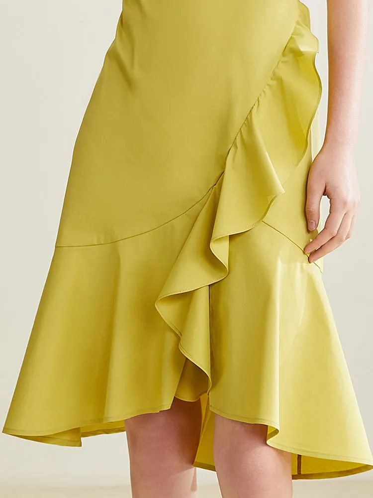 V-Neck Ruffled Cotton Midi Dress